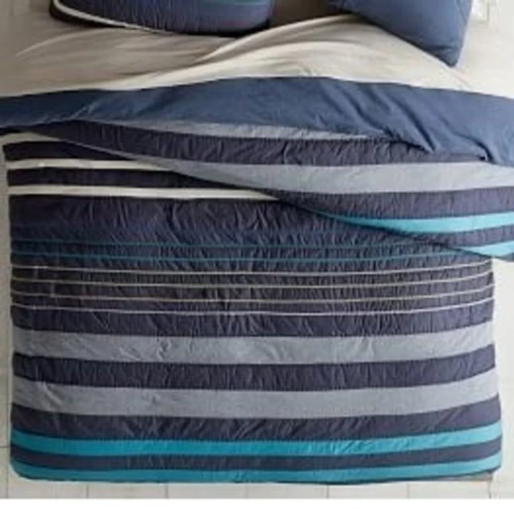 Pottery Barn Teen Queen Striped Comforter Navy Blue Grey Teal Embroidered PBteen